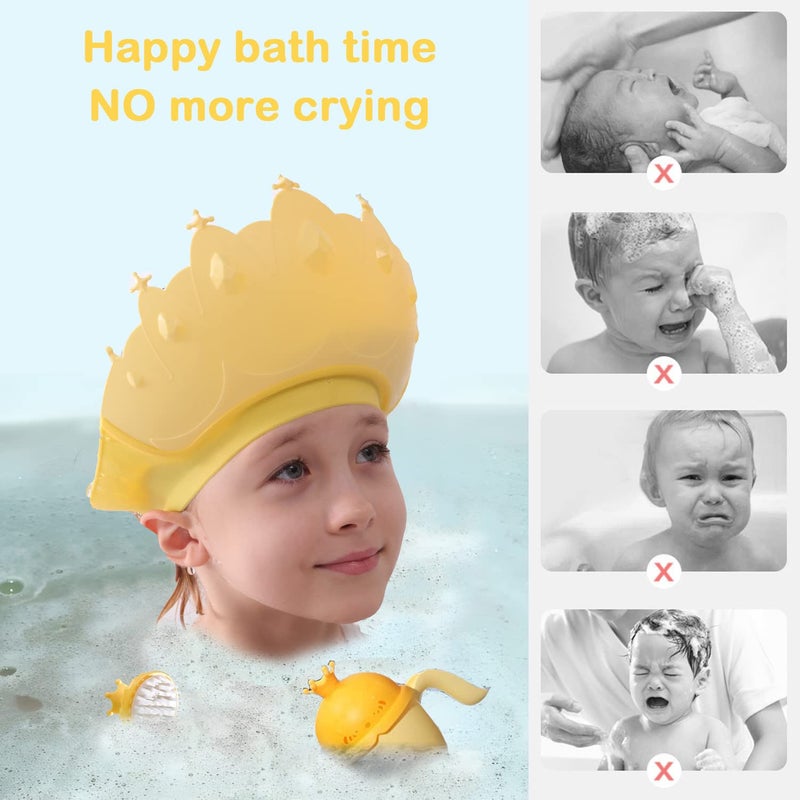 Thcbme Baby Shower Cap Shield, Baby bath set shower cap/water cup/massage brush,Visor Hat for Eye and Ear Protection for 0-9 Years Old Children,Cute Crown Shape Makes the Baby Bath More Fun (Yellow) - Image 3